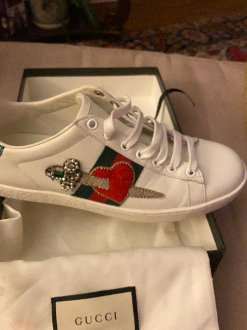 Gucci Ace  White Leather Sneaker with Red Heart and Dagger with Green Stripe